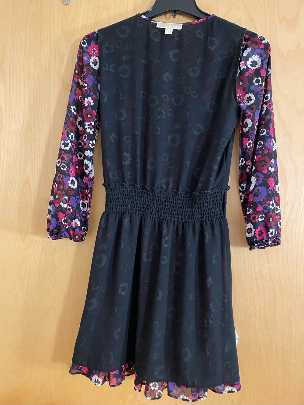 MICHAEL Michael Kors Floral Wrap Long-Sleeve Dress in Black, Magenta, Purple - Picture 12 of 12